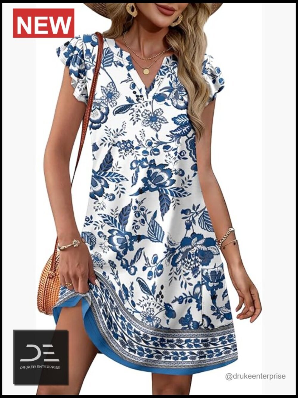 Casual V-Neck Ruffle Sleeve Swing Sundress with Pockets